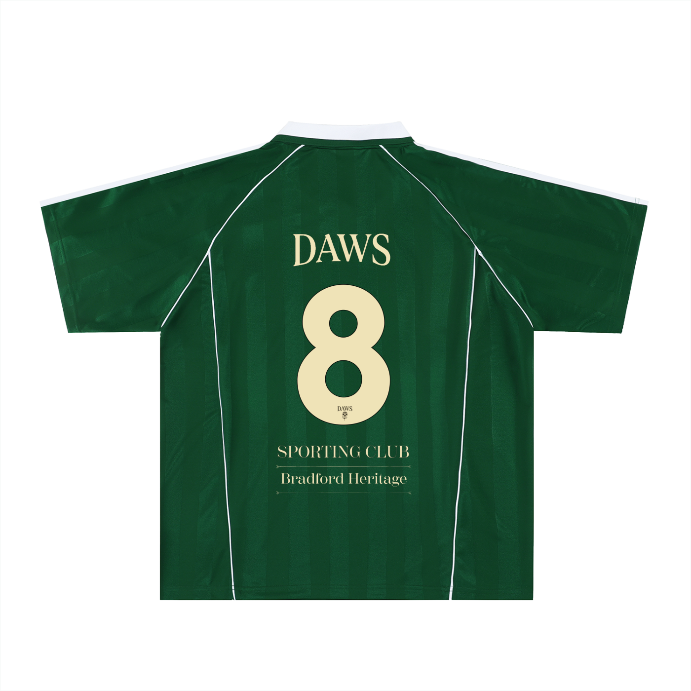 Camiseta verde botella DAWS con rayas jacquard y dorsal 8 crema por detrás. Estilo blockecore inspirado en Gavi o Kroos que no parece de mercadillo.