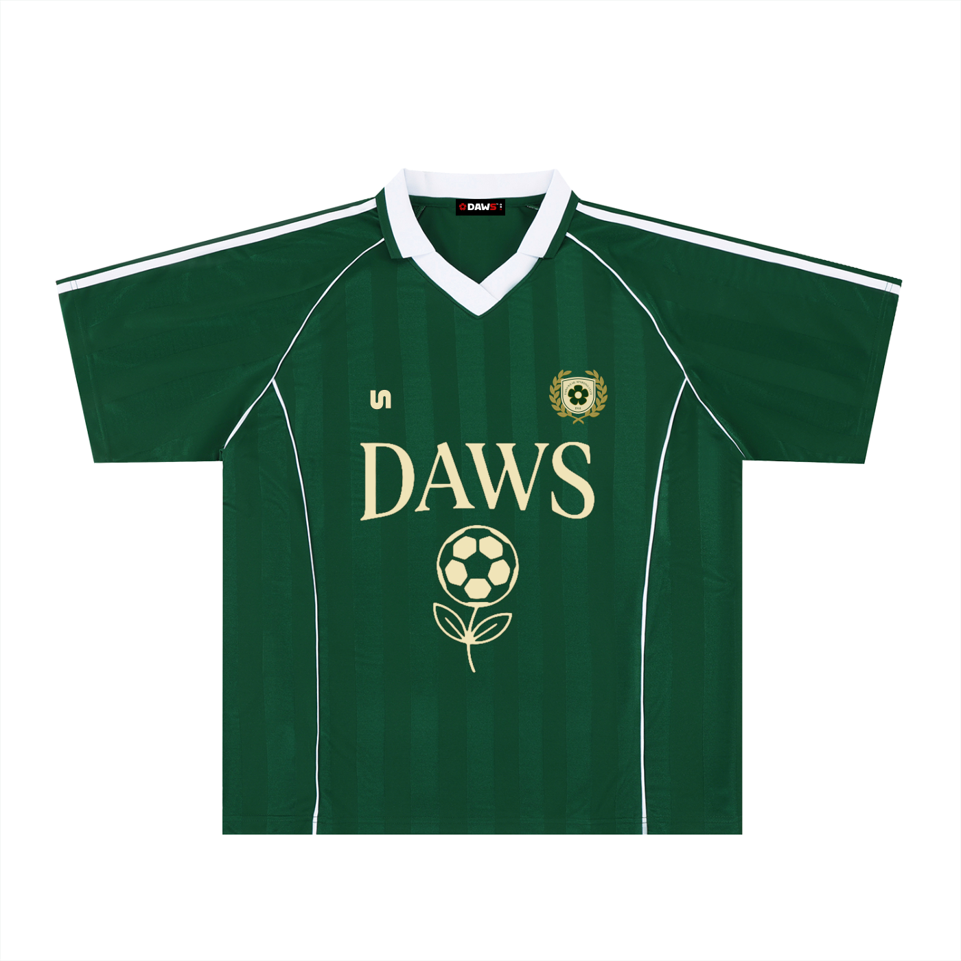 Camiseta verde botella DAWS con rayas jacquard y dorsal 8 crema. Estilo blockecore inspirado en Gavi o Kroos que no parece de mercadillo.