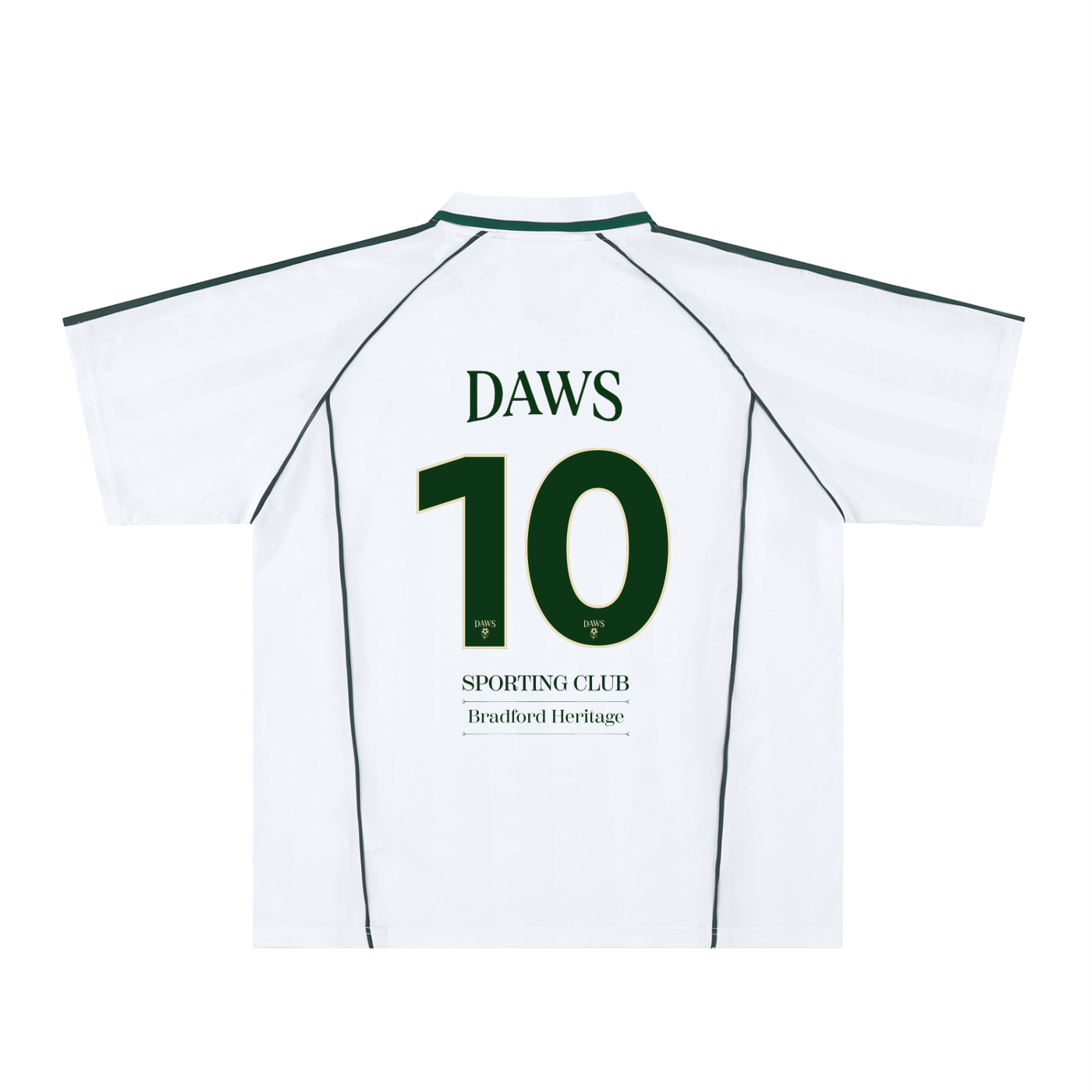 Camiseta blanca DAWS de fútbol vintage con rayas jacquard y el 10 de Oliver Atom o Mágico González. Estilo blockecore que no parece papel de burger.