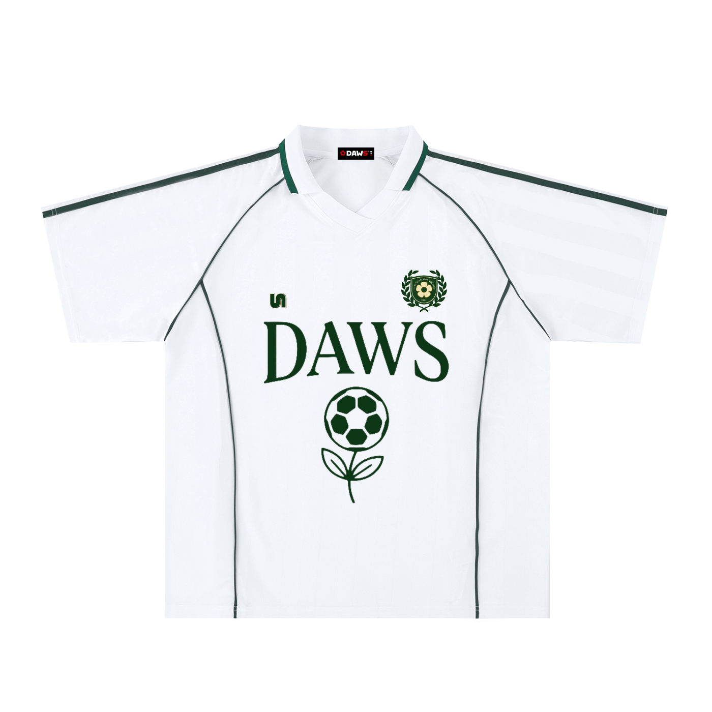 Camiseta blanca retro blockecore con corte boxy fit. Rayado jacquard vintage y dorsal 10 verde botella. Estilo fútbol de los 90.