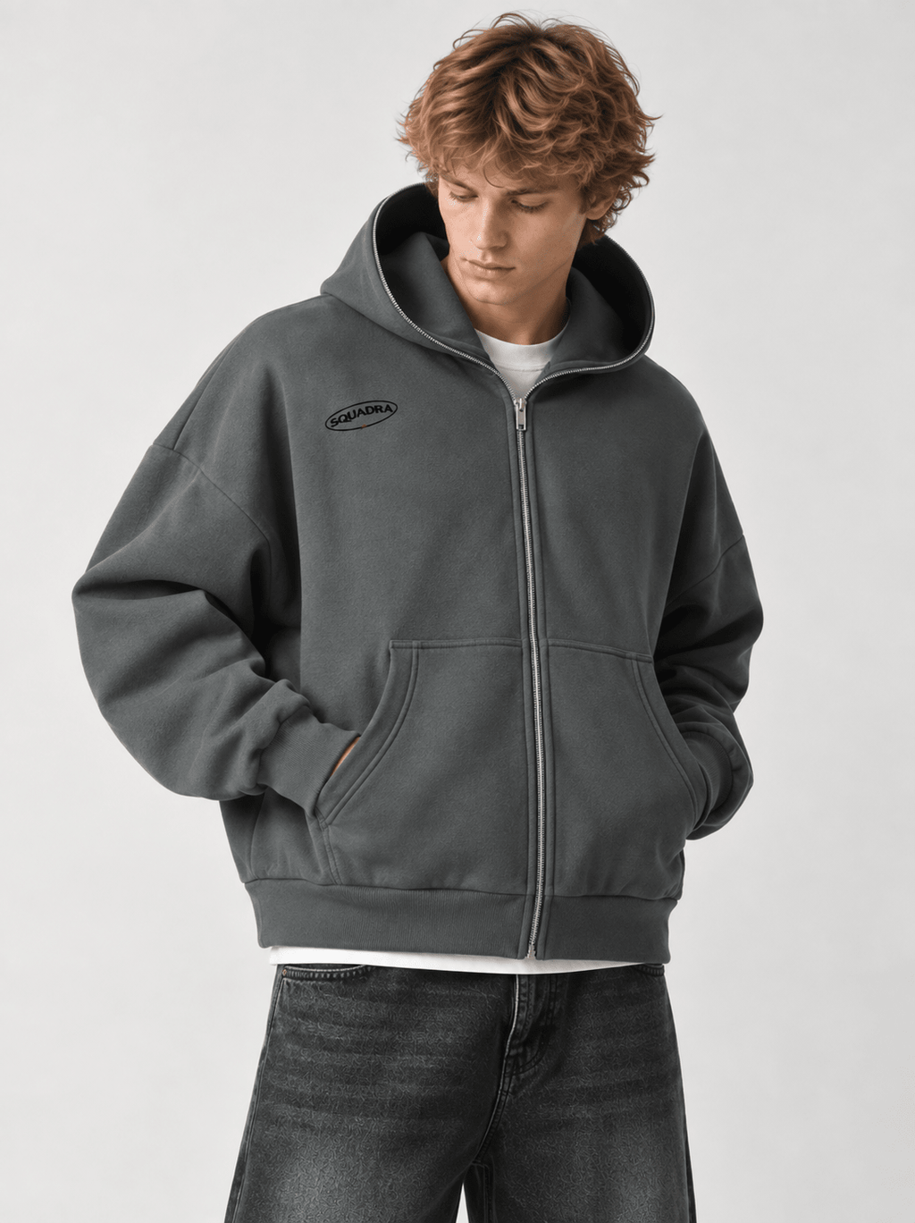 HALO ASH Full-Zip Boxy Hoodie Charcoal Gray - Sudadera DAWS