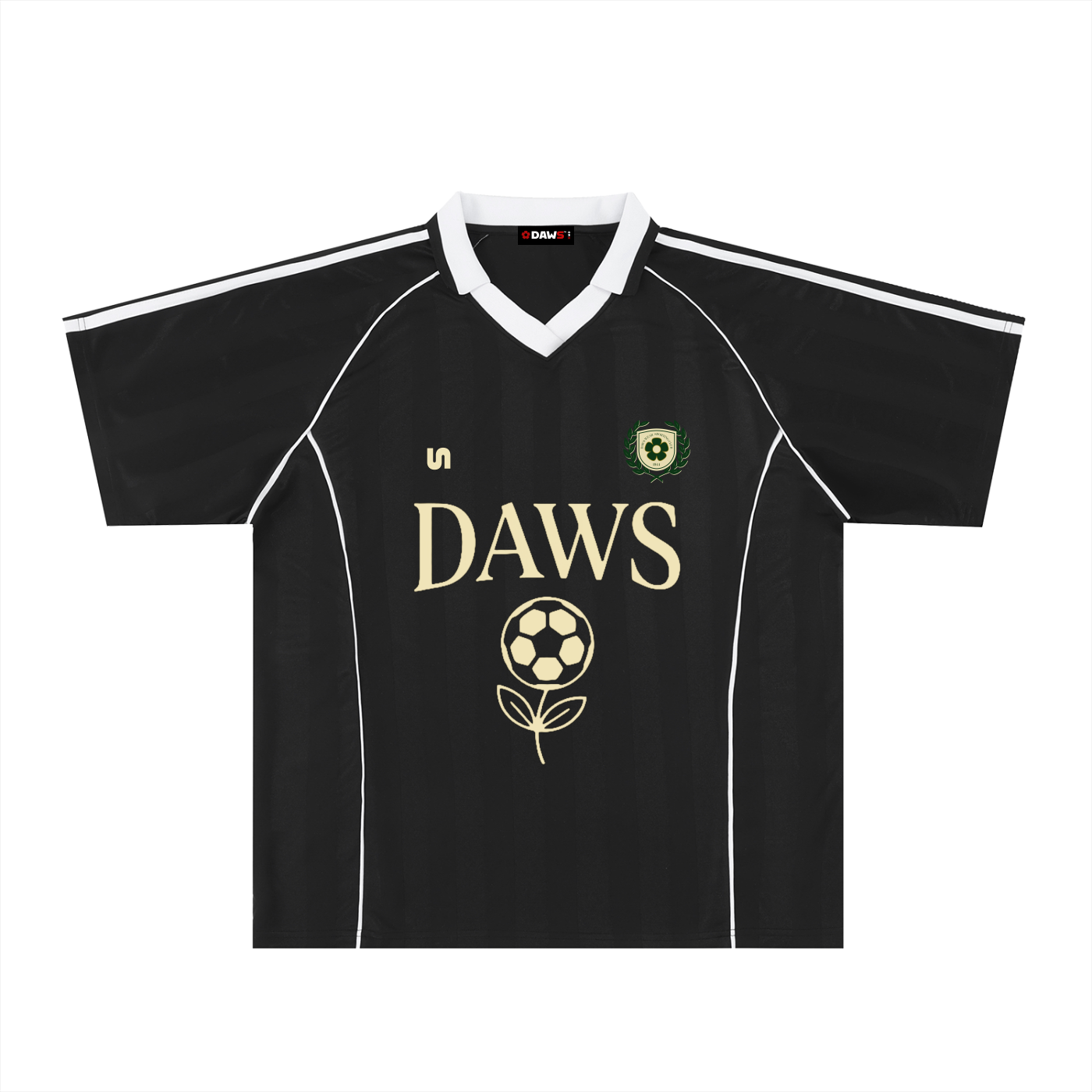 Camiseta jacquard deportiva negro DAWS con dorsal 7 marfil muy padre y escudo Sporting Club con un vibe retro que flipas vista por delante