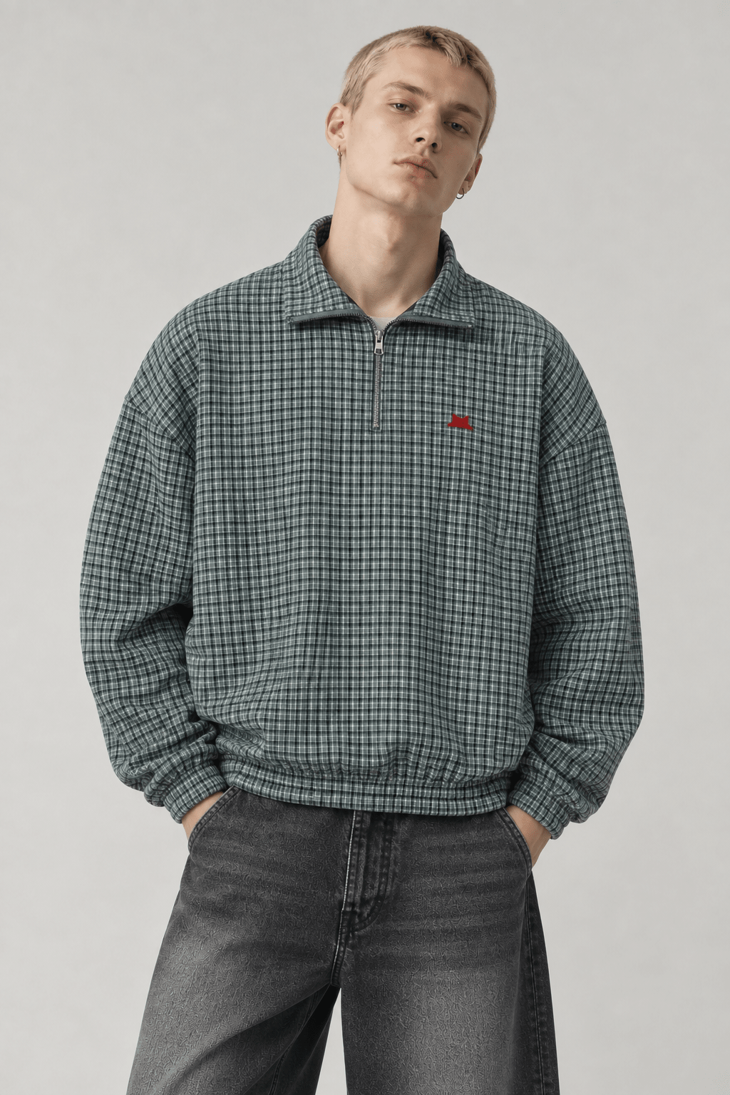 SQUADRA CHECKPOINT — Sudadera Quarter-Zip de Microcuadros Sky Blue Plaid - Sudadera DAWS