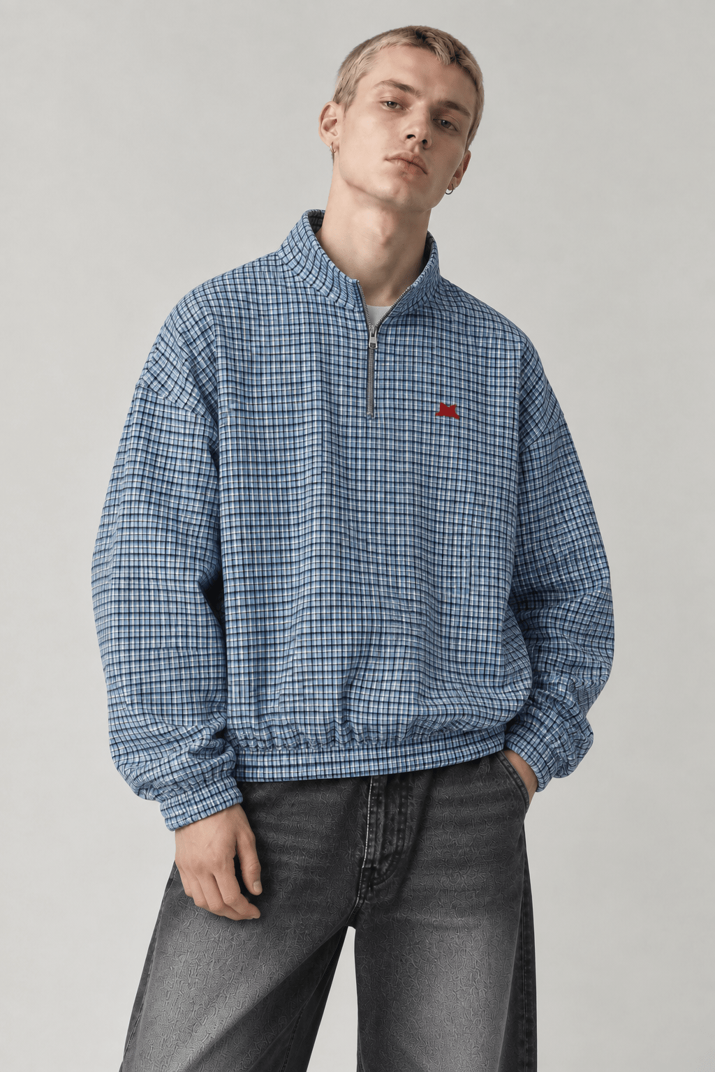 SQUADRA CHECKPOINT — Sudadera Quarter-Zip de Microcuadros Sky Blue Plaid - Sudadera DAWS