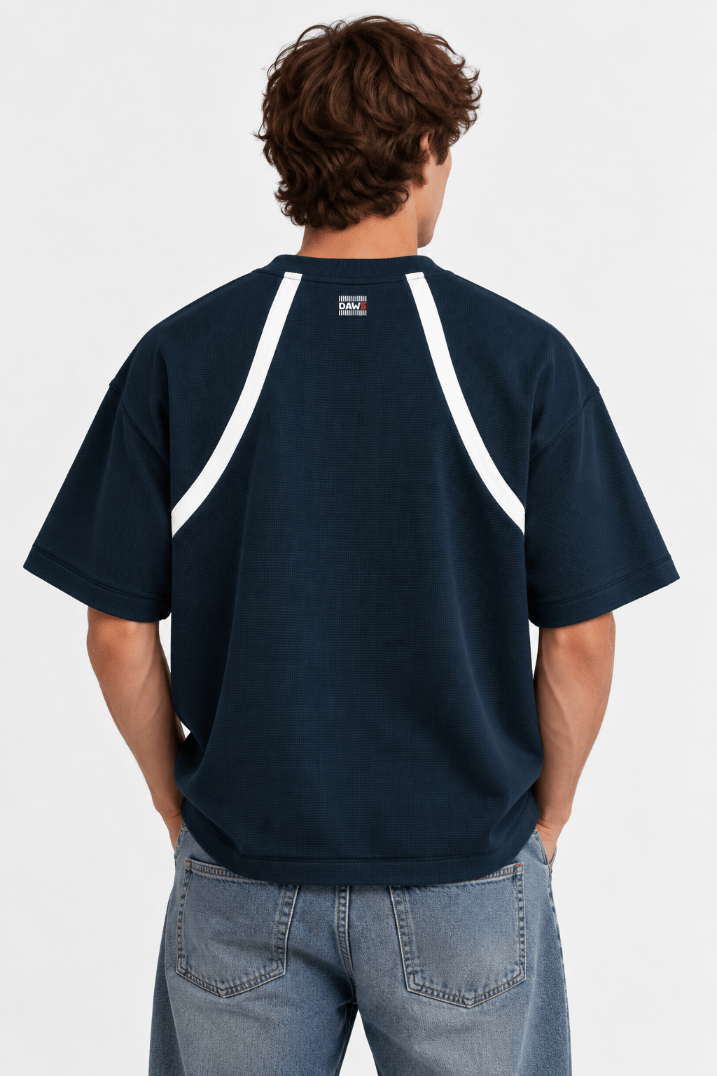 Squadra Color Block Waffle Boxy T-Shirt Navy Blue with White - Camiseta DAWS