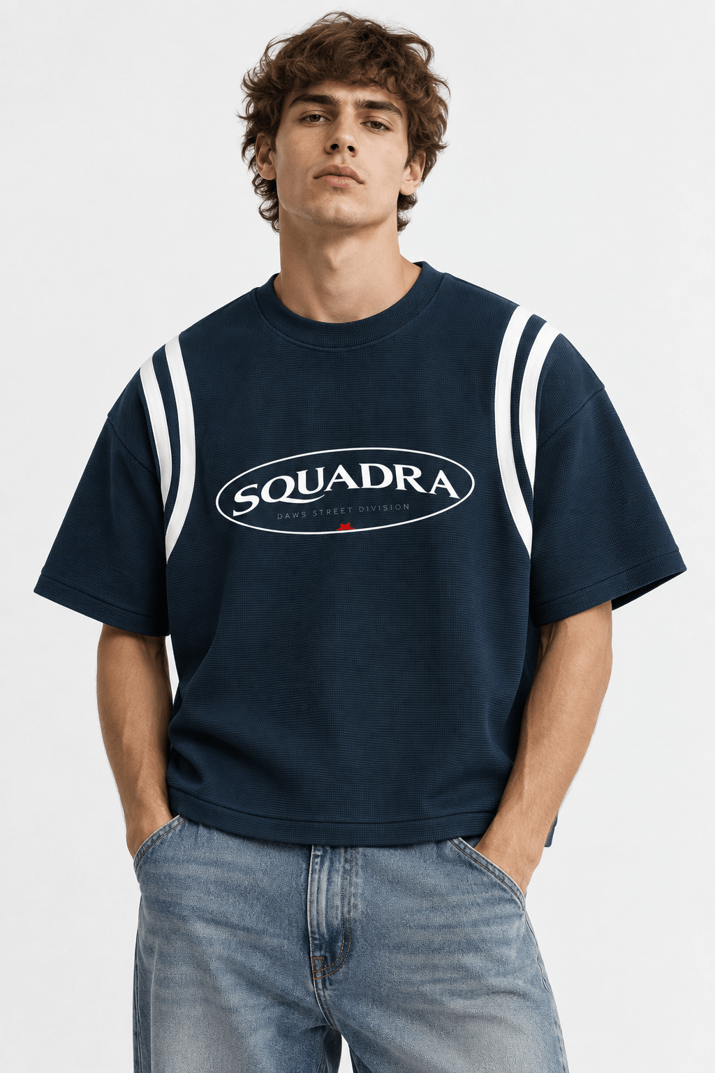 Squadra Color Block Waffle Boxy T-Shirt Navy Blue with White - Camiseta DAWS