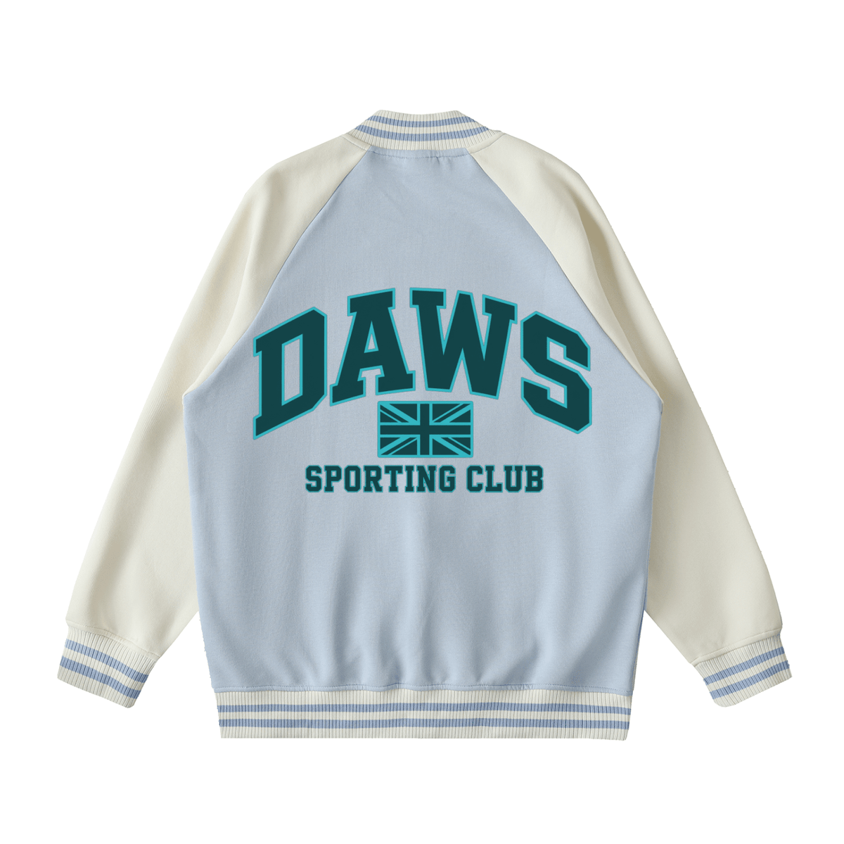 Two Tone Raglan Sleeve Varsity Jacket Light Blue with Apricot - DAWS