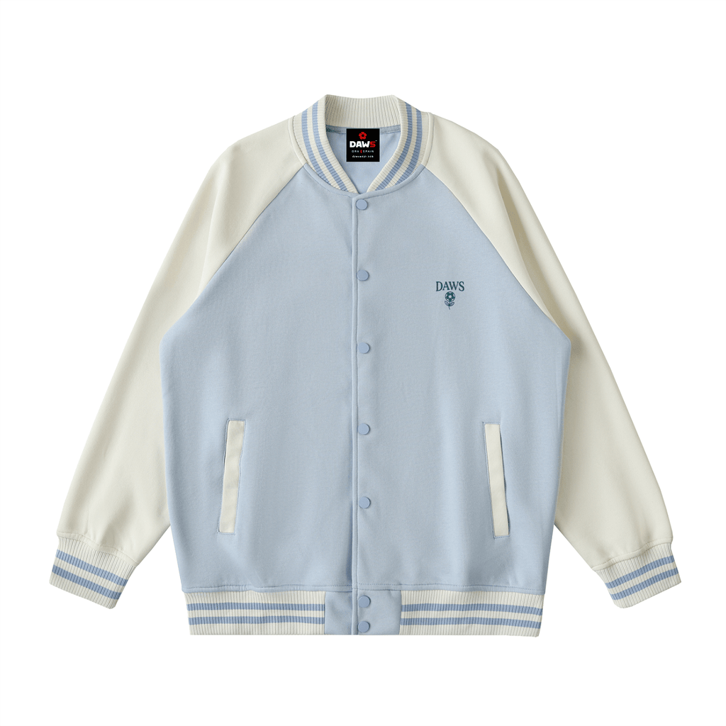 Two Tone Raglan Sleeve Varsity Jacket Light Blue with Apricot - DAWS