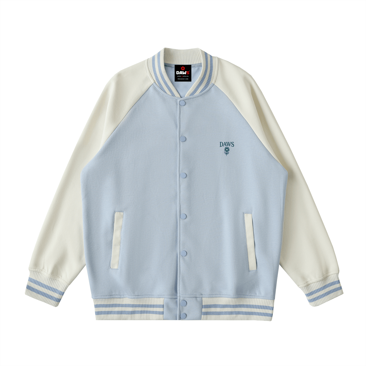 Two Tone Raglan Sleeve Varsity Jacket Light Blue with Apricot - DAWS