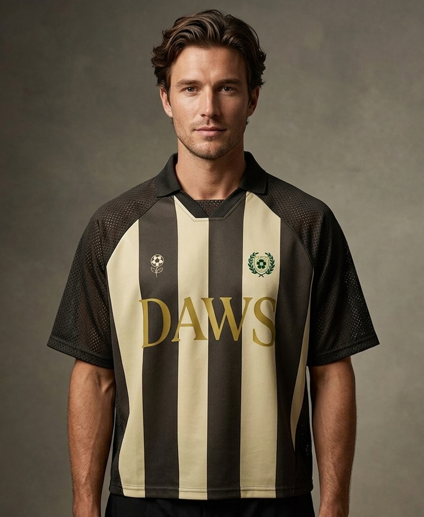 Exclusiva camiseta retro fútbol blockcore de DAWS en color marrón y crema con el dorsal 8 de la colección Squadra de D.W.S.c Sporting Club