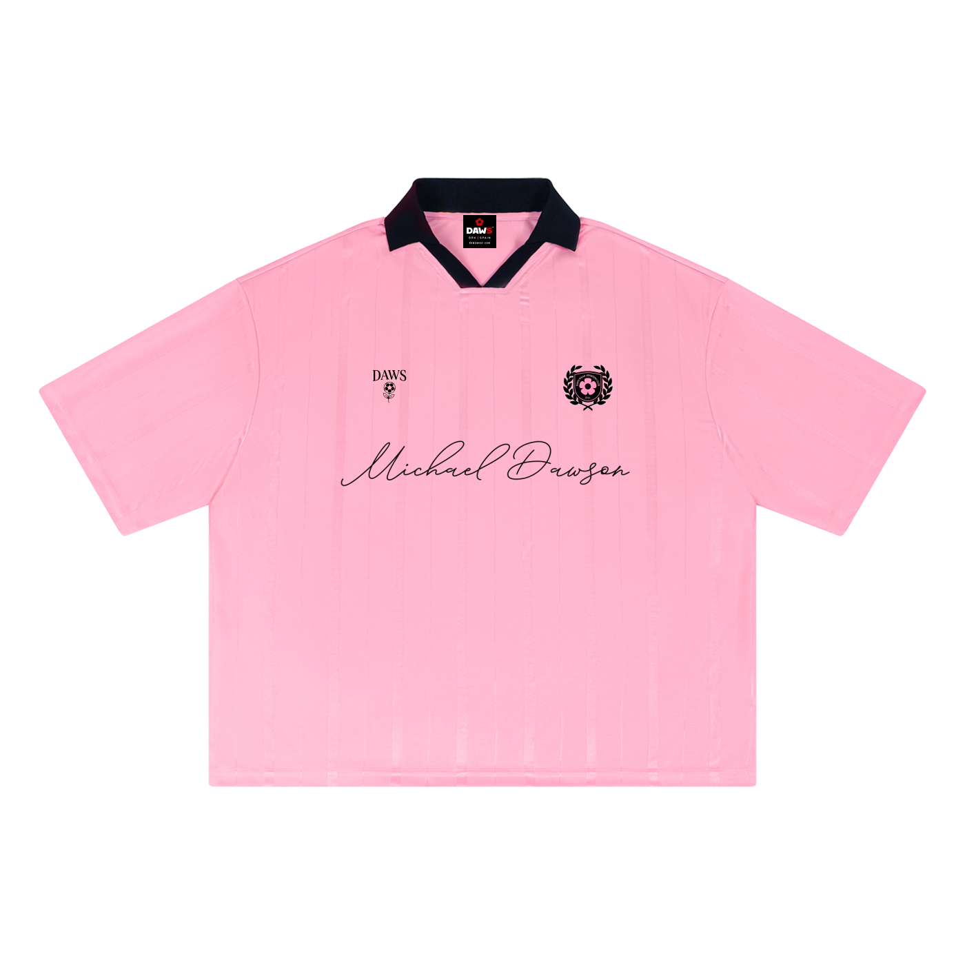 Camiseta blanca de Fútbol Retro Blockecore modelo Michael Dawson Away rosa de la línea Sporting Club de DAWS Wear. Unisex