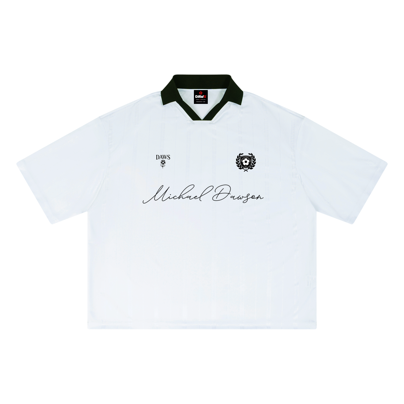 Camiseta blanca de Fútbol Retro Blockecore modelo Michael Dawson de la línea Sporting Club de DAWS Wear. Unisex