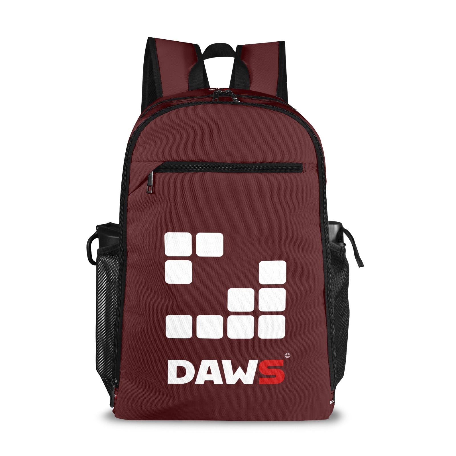 "Mochila DAWS granate roja frontal diseño urbano"