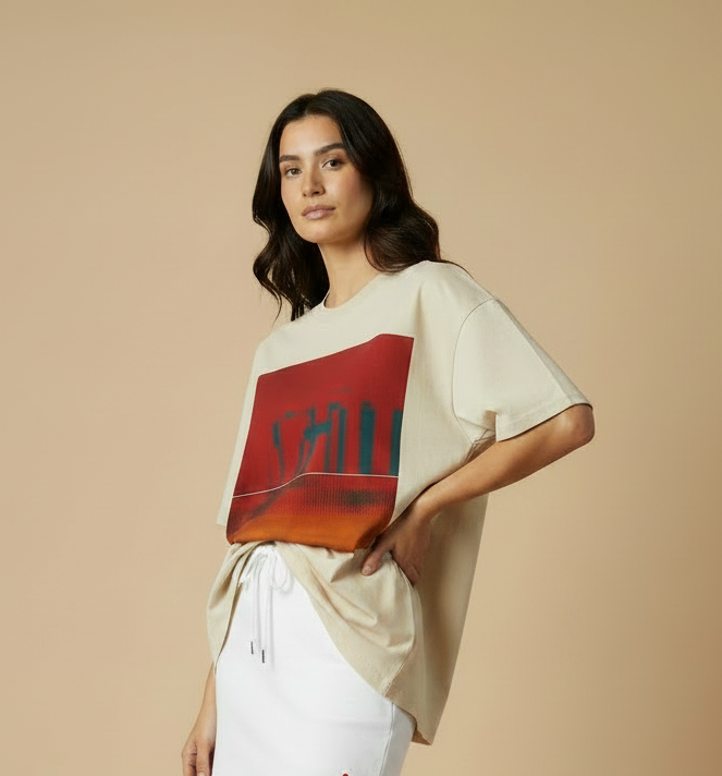 Mockup Bradford Lux — camiseta por fuera de la falda