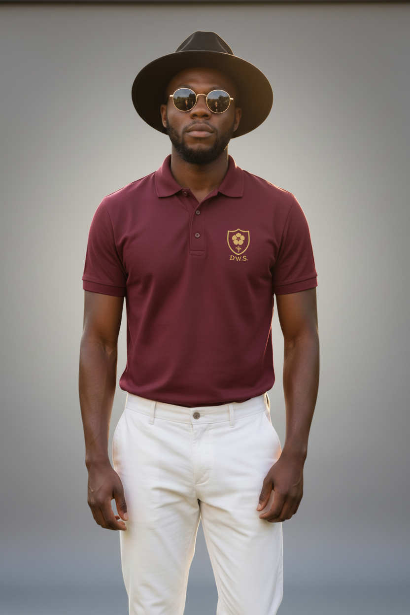Polo Advantage con escudo bordado en hilo dorado de la colección DAWS Wear Sporting Club en color burdeos.